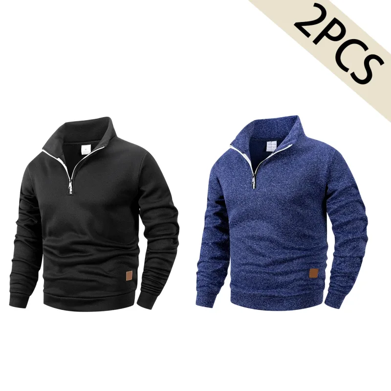 Set 2 Keping Lelaki 1/4 Zip Baju Leher Olok-olok, Pullover Bergaris Bulu dengan Cuff Berusuk Atasan Kasual Hangat untuk Pakaian Harian Musim Gugur Musim Gugur — image 1