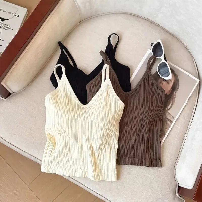 New V-neck Camisole Top Inside Wear One-piece Cup Halter Undershirt Sleeveless French Style Lingerie Summer — image 2