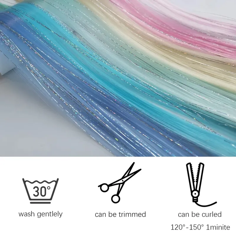 Mehrfarbige Clip-in-Haarverlängerungen, gemischte Lametta, farbige Haarverlängerungen, 2-in-1-Regenbogenhaar mit silbernen Lametta für Kinder und Mädchen — image 5