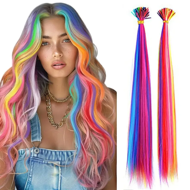 Kit Ekstensi Rambut Sintetis Pelangi 20 "10 Buah Ekstensi I-tip Berwarna dengan Jarum Kait Manik-manik Mikro untuk Cosplay Anak-anak Wanita — image 2