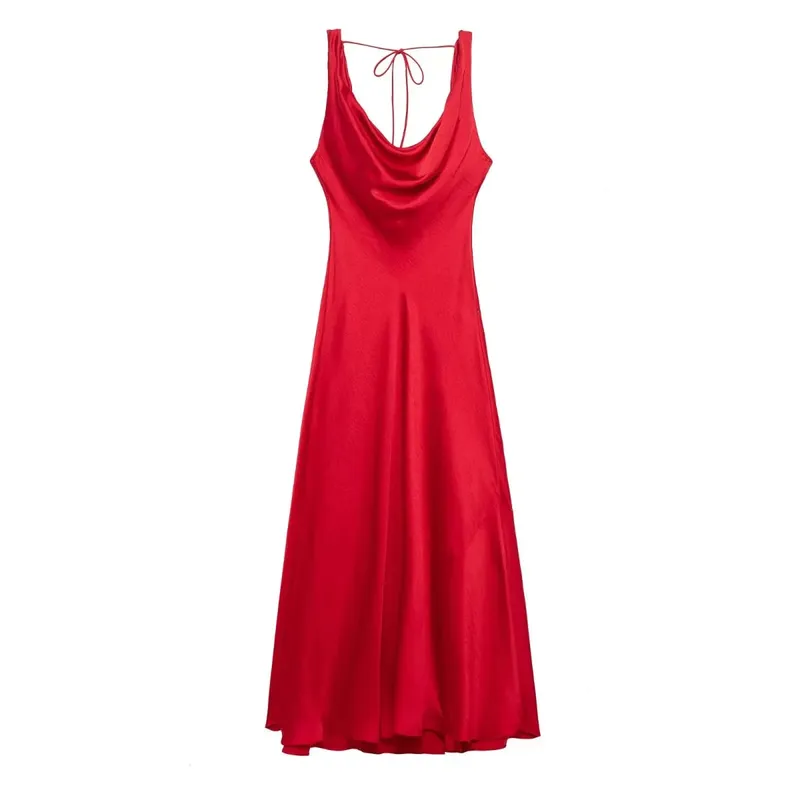 HH Abito longuette da donna in stile vacanza in raso con scollo a V senza schienale Abito estivo femminile elegante con cinturino allacciato — image 11