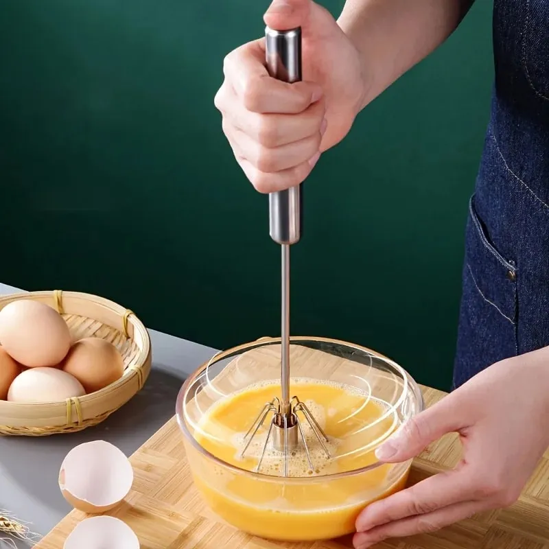 Batidor de huevos semiautomático de acero inoxidable, batidor de huevos giratorio para crema, batidor de huevos manual para el hogar, herramienta para hornear, sin batería — image 2