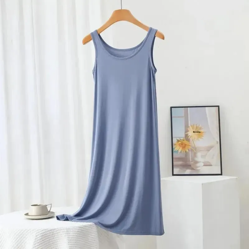 Plus Size Modal Long Dress Women's Spring Summer Loose A- Line Bottoming Skirt Home Sleepwear Sleeveless Pure Color Gown — image 8