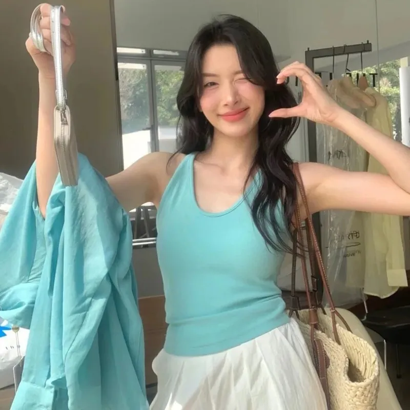 Gaya Korea dengan Tali Alas Dada Vest U-Neck Warna Pejal Tanpa Belakang Tanpa Lengan Atasan Pelangsingan Camis Wanita Musim Panas — image 2