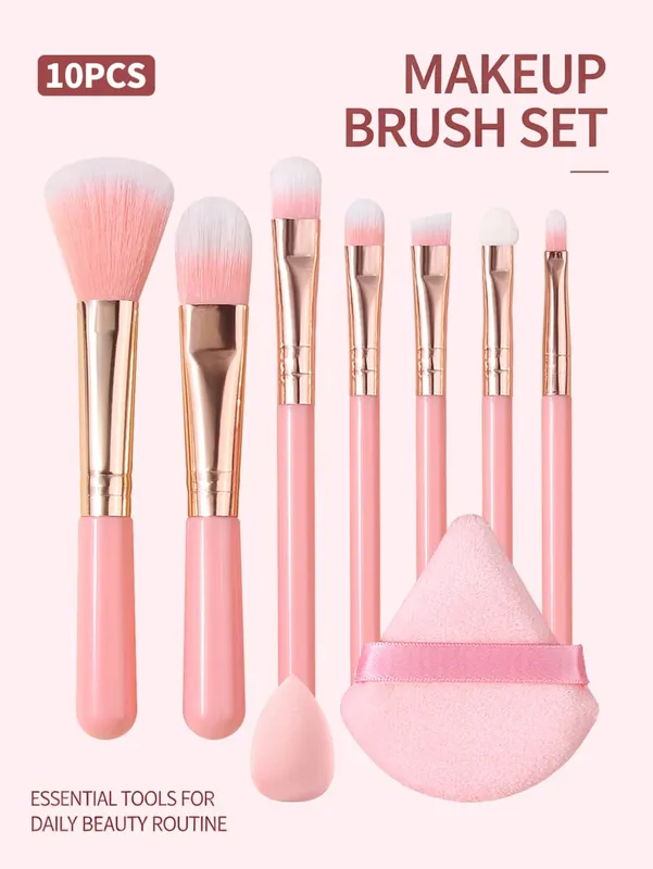 Kit de pinceaux de maquillage doux, 10 pièces, en cheveux synthétiques, pour fond de teint, Blush, fard à paupières, outils cosmétiques avec houppette et éponge — image 2