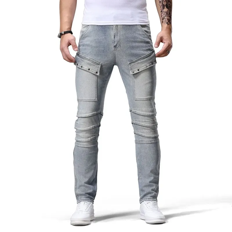 Jeans denim da moto retrò Patchwork di tendenza da uomo Pantaloni lunghi slim fit belli Pantaloni jeans a gamba dritta da bordo moda