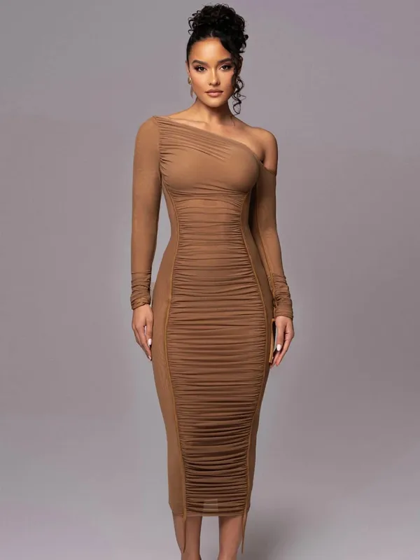 Gaun Maxi Bodycon Tembus Pandang Seksi Terbungkus Lengan Panjang Kerah Diagonal Solid Jaring Hugcitar Pakaian Fashion Musim Panas Klub Festival — image 9