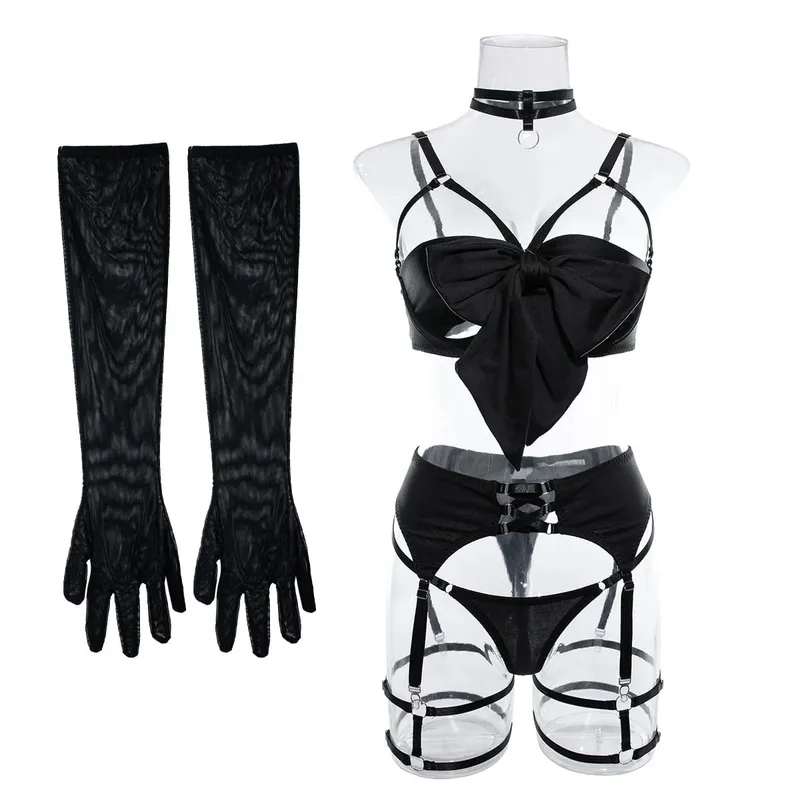 Ensemble de Lingerie Sexy avec nœud ajouré pour femmes, vêtements exotiques solides, sous-vêtements féminins de Style pur désir avec jarretelles et gants — image 1
