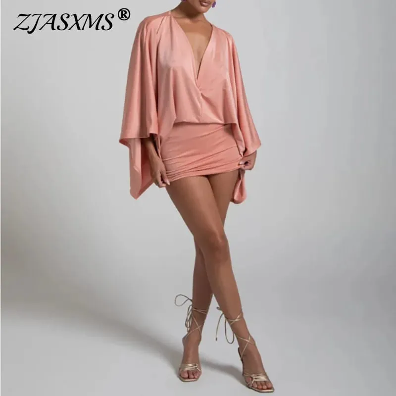 Yeni Sonbahar Şık Derin V Yaka Boho Elbise Retro Katı Eklenmiş Parlama Kollu Balo Elbise Bahar Kadın Kulübü Zarif Slim Fit Mini Elbise — image 2