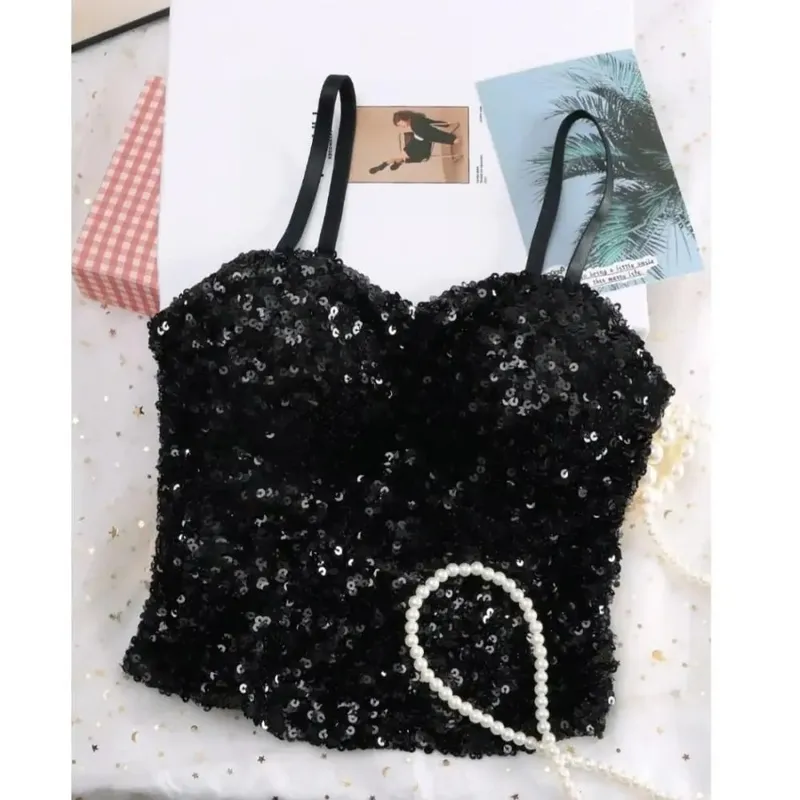 Camiseta sin mangas de una pieza con lentejuelas brillantes, chaleco envolvente fijo en el pecho, chaleco sin espalda de alta elasticidad, ropa interior, chaleco de capa Base corta, Top de verano — image 6