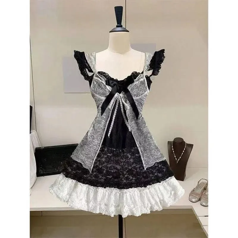 Sommer Neue Vintage Elegante Frau Kleid Liebsten Bogen Patchwork Hohe Taille Puffy Mini Kleid Weibliche Französisch Chic Sexy Outfits 2025 — image 16