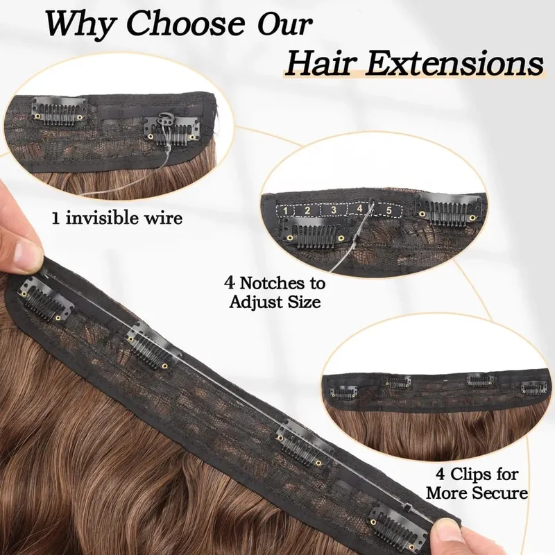 Black Halo Hair Extensions ที่มองไม่เห็นลวดปรับขนาด 22 นิ้วยาว Wavy Curly Hairpieces สำหรับผู้หญิงไม่มีคลิป — image 4