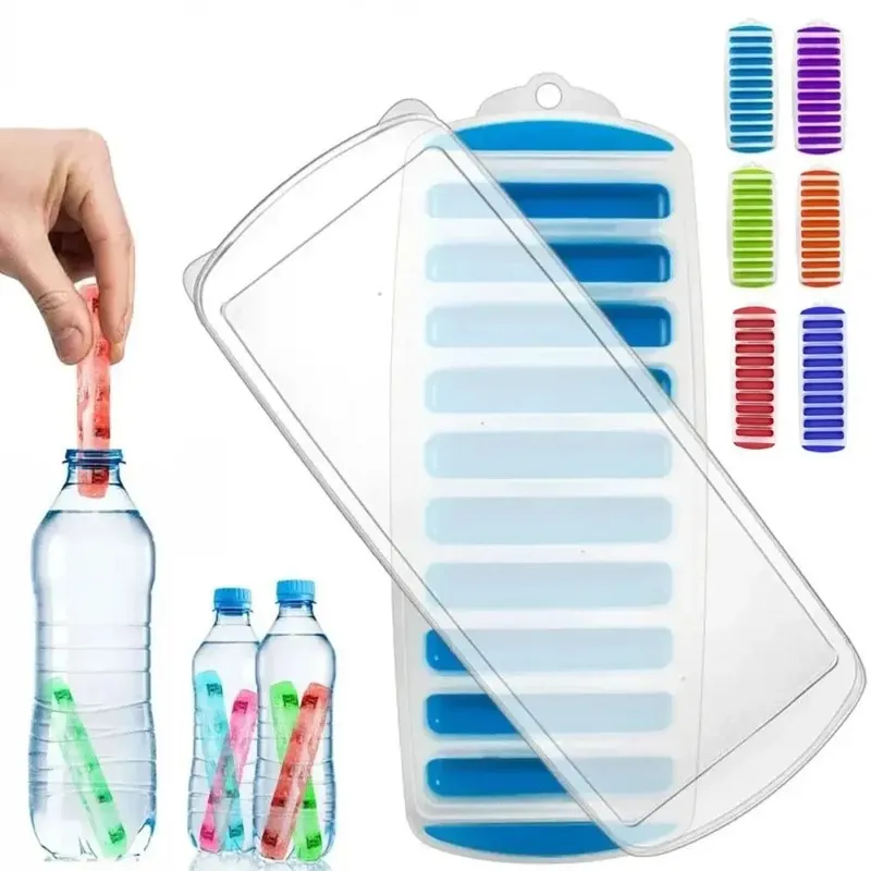 DIY 10 Holes Long Strip Ice Cube Mold with Lid Silicone Ice Cube Tray Homemade Ice Block Mold Cold Drink — image 2