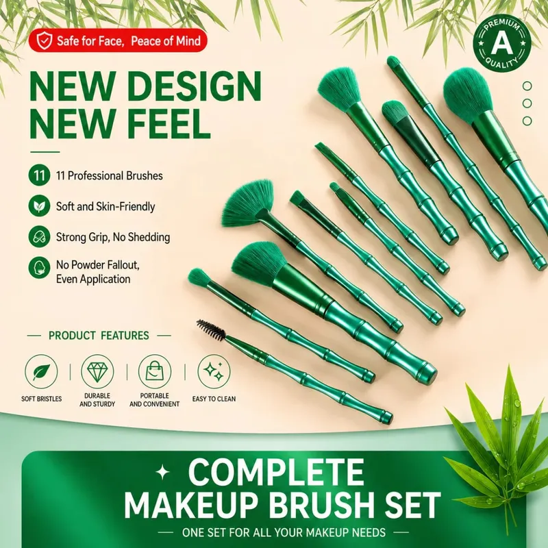 11-teiliges Bambus-Make-up-Pinsel-Set, weiches, dichtes Haar, multifunktionales Pinsel-Set, Foundation, Gesichtspuder, Lidschatten, Rouge — image 2