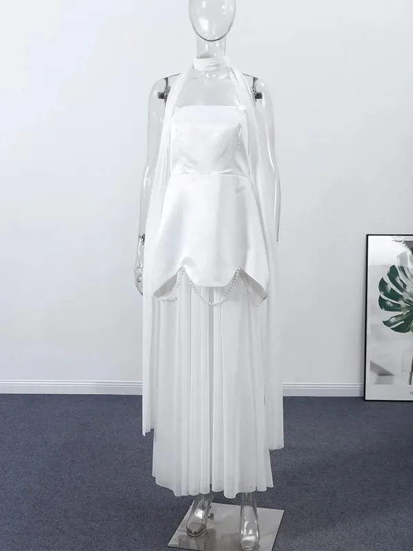 Gaun Malam Hem Bunga Aksen Dasi Warna Solid Rantai Mutiara Berpanel Tanpa Tali Gaun Wanita Elegan 2026 Gaun Wanita Chic Fashion Gaun Wanita — image 4