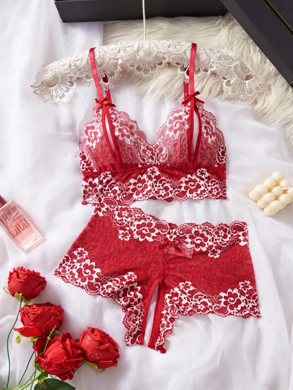 Lingerie d'été Sexy pour femmes, 2pce, pantalon à entrejambe ouvert et soutien-gorge à pointe ouverte, sous-vêtements pour adultes, ensemble de soutien-gorge en dentelle à fleurs transparentes