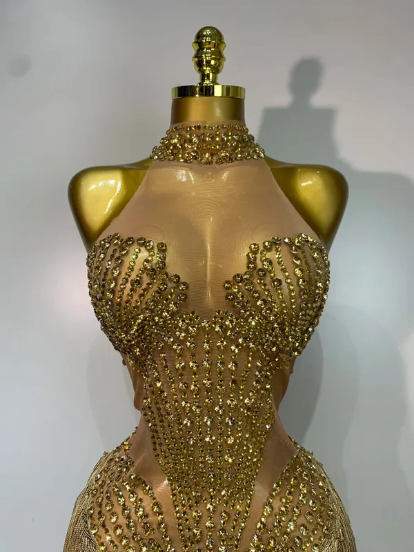 Sexy Stage Costume Sparkly Rhinestone Mesh Transparent Sequins Tassel Evening Birthday Party Nightclub Dance Singer Outfit