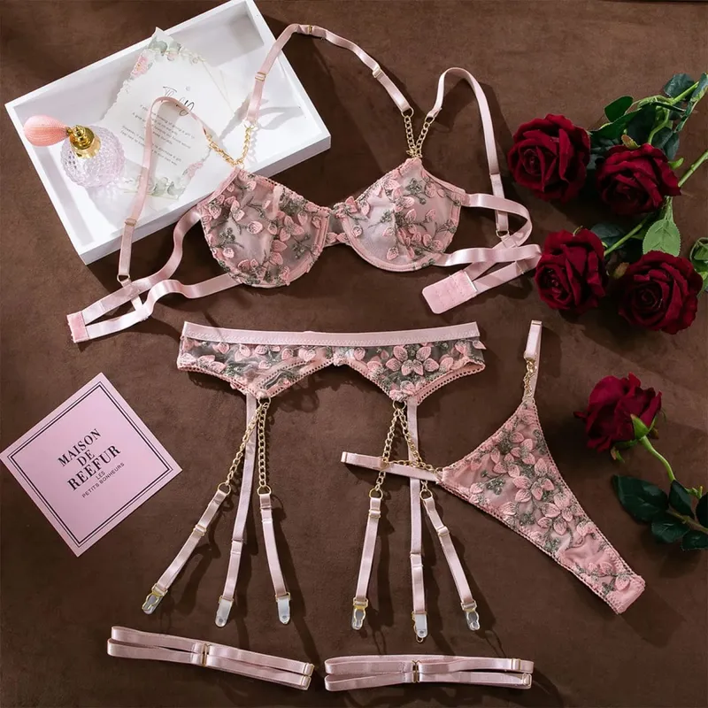 Gesticktes Büstenhalter-Dessous-Set für Damen, Spitze, Netzstoff, Patchwork, sexy Nachthemd mit tiefem V-Korsett, Dessous für Frauen, Fischnetz — image 1