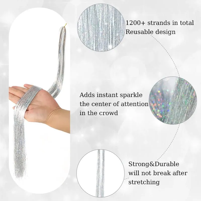 Syntetické 6ks Sparkle Lesklé Tinsel prodlužování vlasů Barevné dlouhé rovné Tinsel Kit 1200 pramenů Příčesek pro dívčí párty — image 4