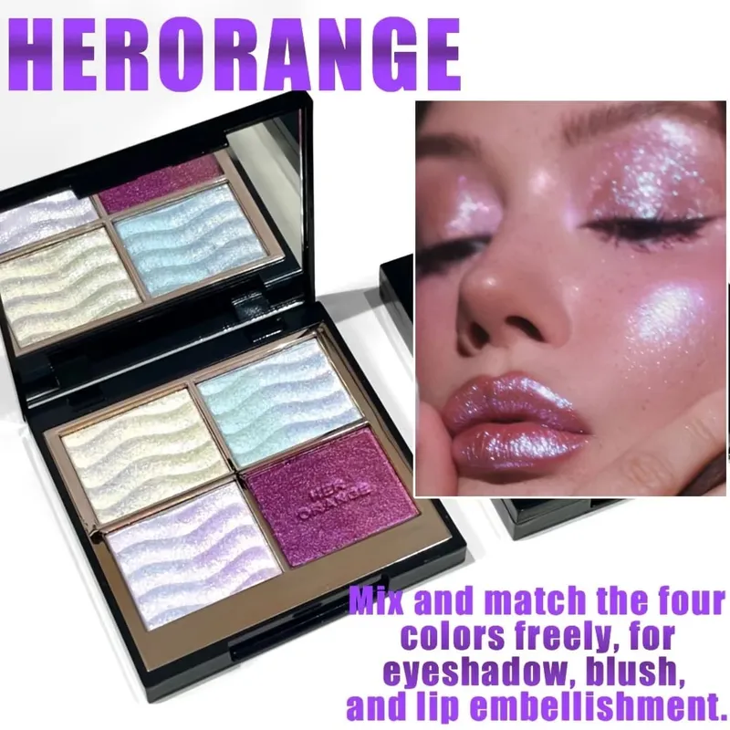 Palet Eyeshadow 4 Warna Herorange dengan Kuas Glitter Warna-warni Berkilau Multi-guna sebagai Sorotan & Perona Pipi untuk Pesta & Hadiah Sehari-hari — image 3