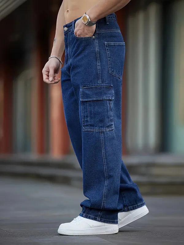 Herren-Jeans aus tiefblauem, gewaschenem Denim, Arbeitskleidung, lässiges Design mit mehreren Taschen, lockere Hose mit weitem Bein, Cargohose im Y2K-Stil — image 9