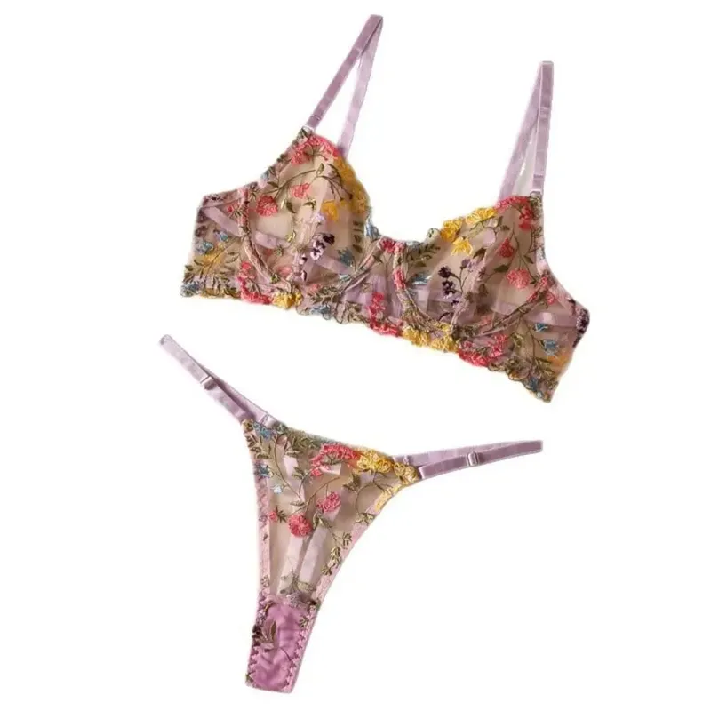 Set Pakaian Dalam Bunga 2 Keping Sulaman Seluar Dalam Serbaguna Intimate Underwire Push-up Set Seluar Dalam Bra Tipis Untuk Gadis Wanita — image 5