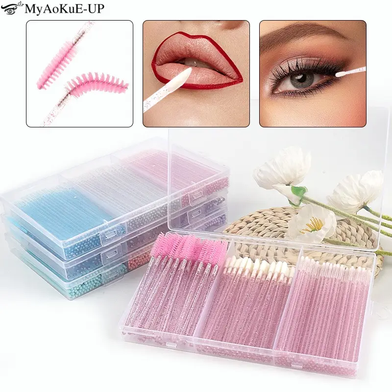 Juego de brochas de maquillaje para pestañas, 1/90/200/300 Uds., cepillos de silicona para cejas, micropalo de algodón, hisopo de brillo de labios, herramientas de extensión de pestañas — image 1