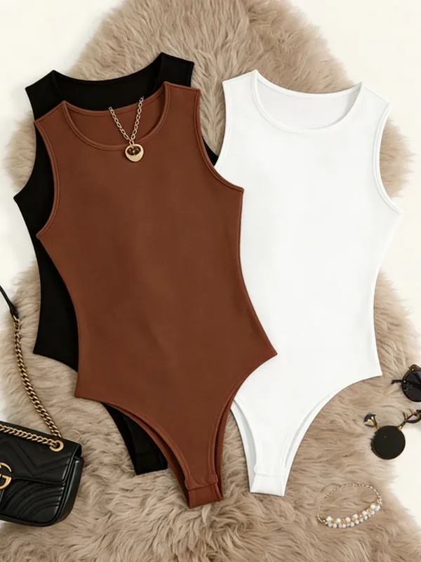 Kvinder 3-pak solid rib-bodysuit med rund hals Afslappet ærmeløs figursyet bodysuit i ét stykke — image 5