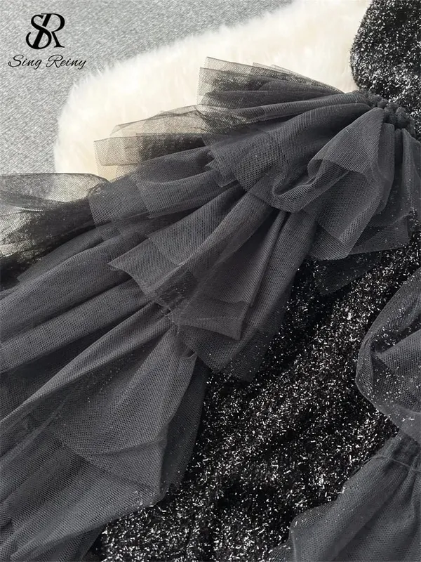 Abito da torta di alta qualità Cinturino alla moda con paillettes Pachwork Design a rete Donna Temperamento senza maniche Autunno Abito lungo lucido — image 6