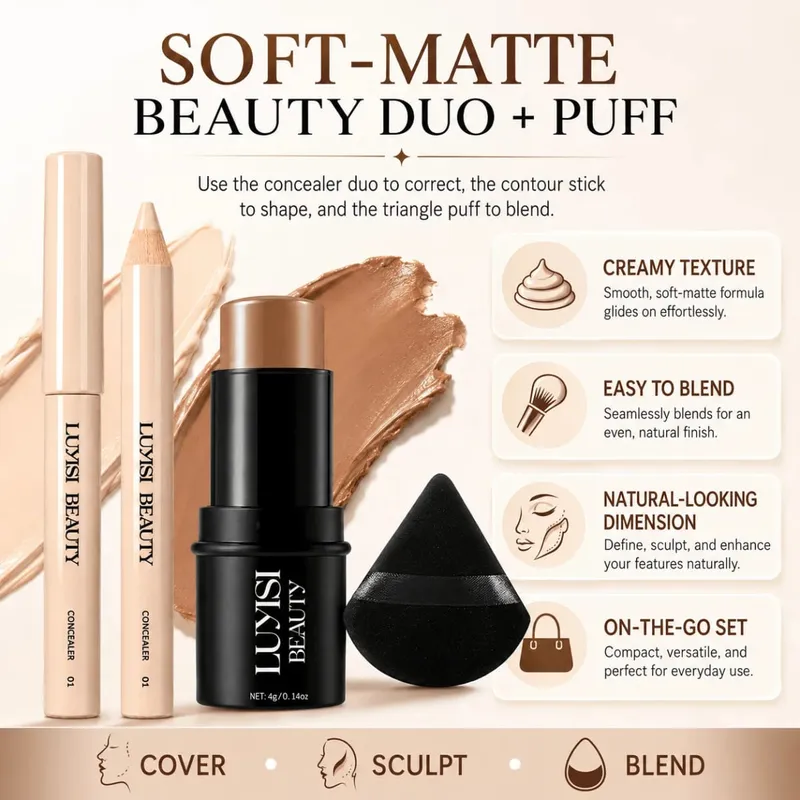 3pcs/Set Face Makeup:1pc Concealer+1pc Contour+1pc Blending Puff Waterproof Velvet Matte All-Day Wear - Buildable Coverage. — image 3
