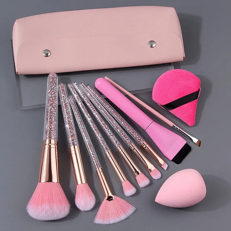 Juego de brochas de maquillaje profesionales con mango de diamantes de imitación, bolsa de almacenamiento, esponja en polvo para cara y ojos, 10/12/15/17 Uds.