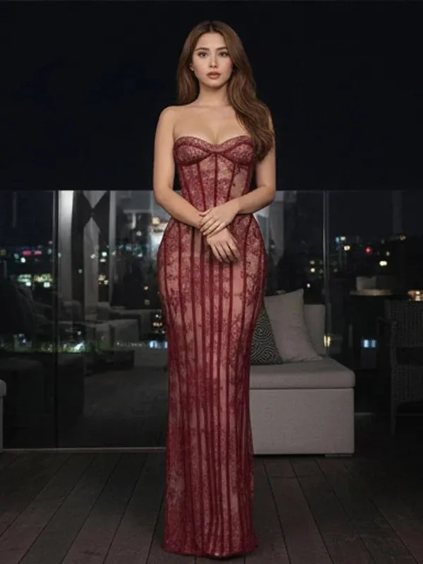 Gaun Tulle Fishbone Wanita Tanpa Tali Belakang Tanpa Bahu Bercetak Patchwork Gaun Maxi Slim 2026 Gaun Malam Pesta Wanita yang Chic — image 6