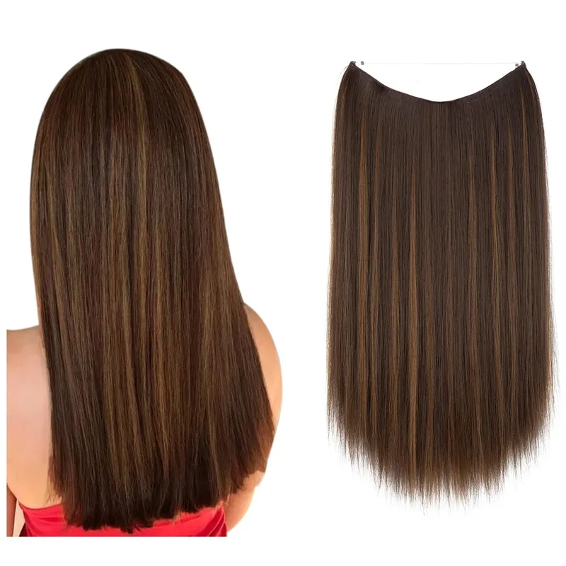 Estensioni per capelli con filo invisibile sintetico resistente al calore premium con clip Posticci Capelli lunghi lisci naturali finti per donna — image 10