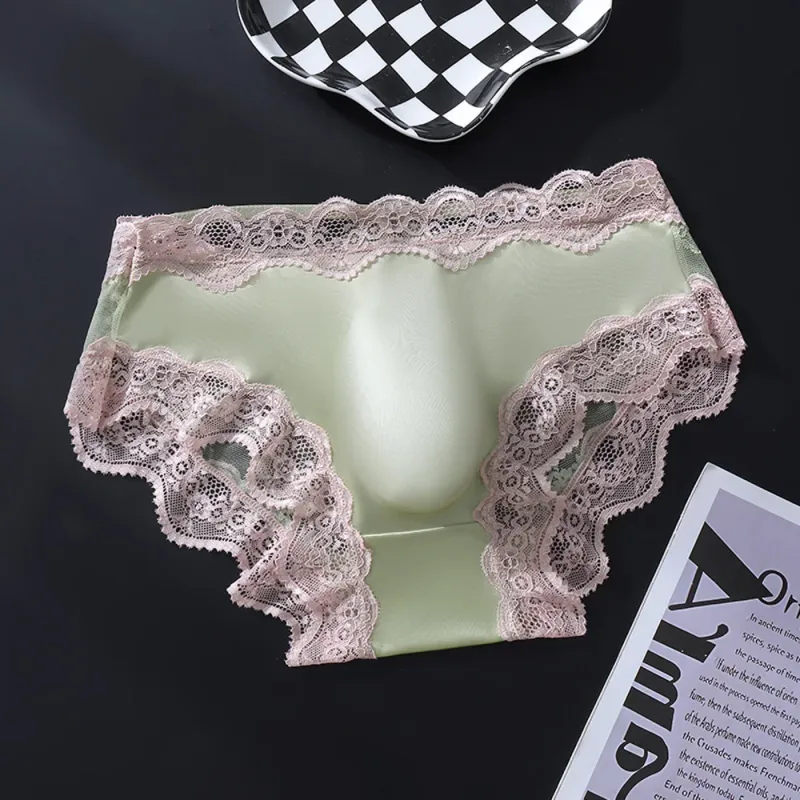 Hommes Triangle culotte dentelle garniture papillon noeud motif fleur mince Super confortable U renflement poche respirant Transparent Underwe