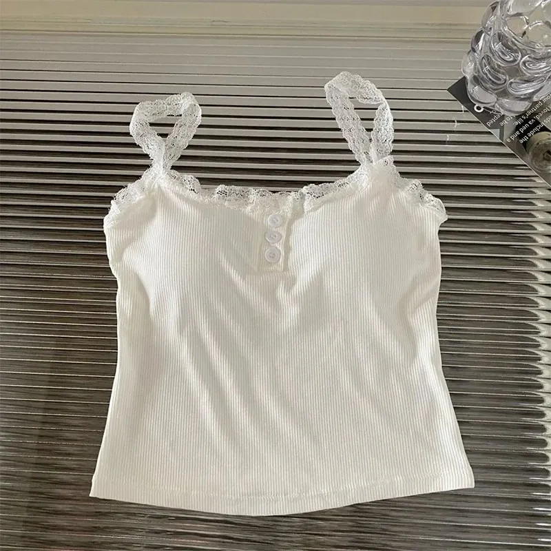 Summer Lace Strap Patchwork Camisole Kvinder Ensfarvet Ærmeløse Buttons Tank Top — image 8