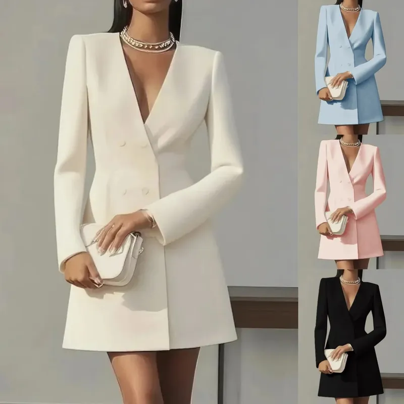Autumn Double Breasted Solid Color V-Neck Office Suit French Long Sleeved Elegant Slim Fit Blazer Dress for Woman — image 2