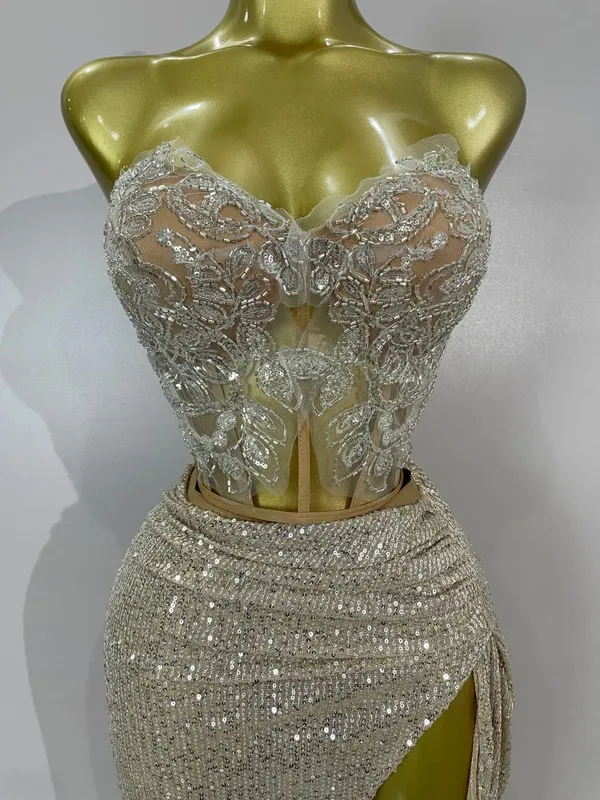 Sparkly Pailletten Perlen Sexy Liebsten Zwei Stücke Set Frauen Abend Feiern Nachtclub Party Luxus Geburtstag Kleid Bühne Kostüm — image 5