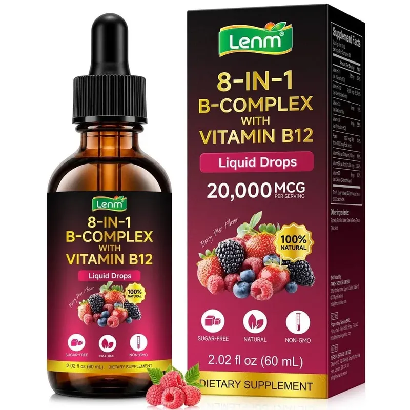 Lenm B Kompleks Sıvı Damlaları 8'i 1 arada B12 ile 2000mcg B1 B2 B3 B5 B6 B7 Enerji ve Metabolizma Desteği için Folat Şekersiz 60ML — image 1
