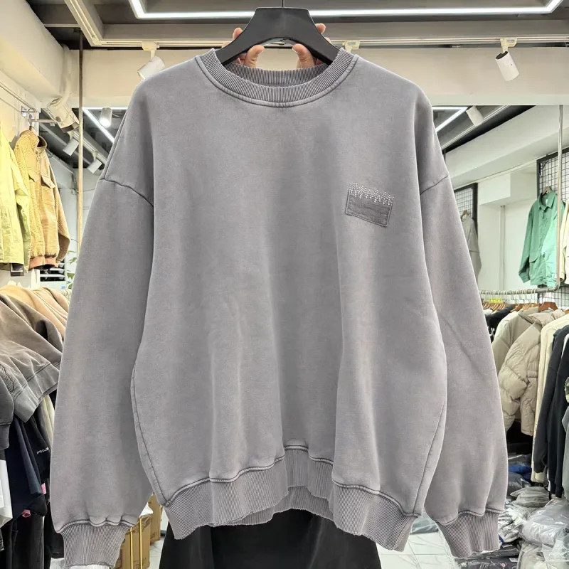 Nice Washed Embroidery Solid Crewneck Men Women Oversized Heavy Fabric Unisex Sweatshirts — image 2