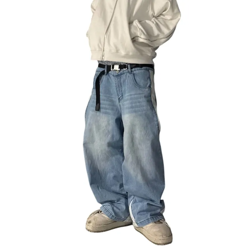 Geniş Bacak Kot Erkekler Düz Pantolon Vintage Patchwork Yıkanmış Sıkıntılı Orta Bel Cepler 2025 streetwear denims Gevşek Pantolon — image 5
