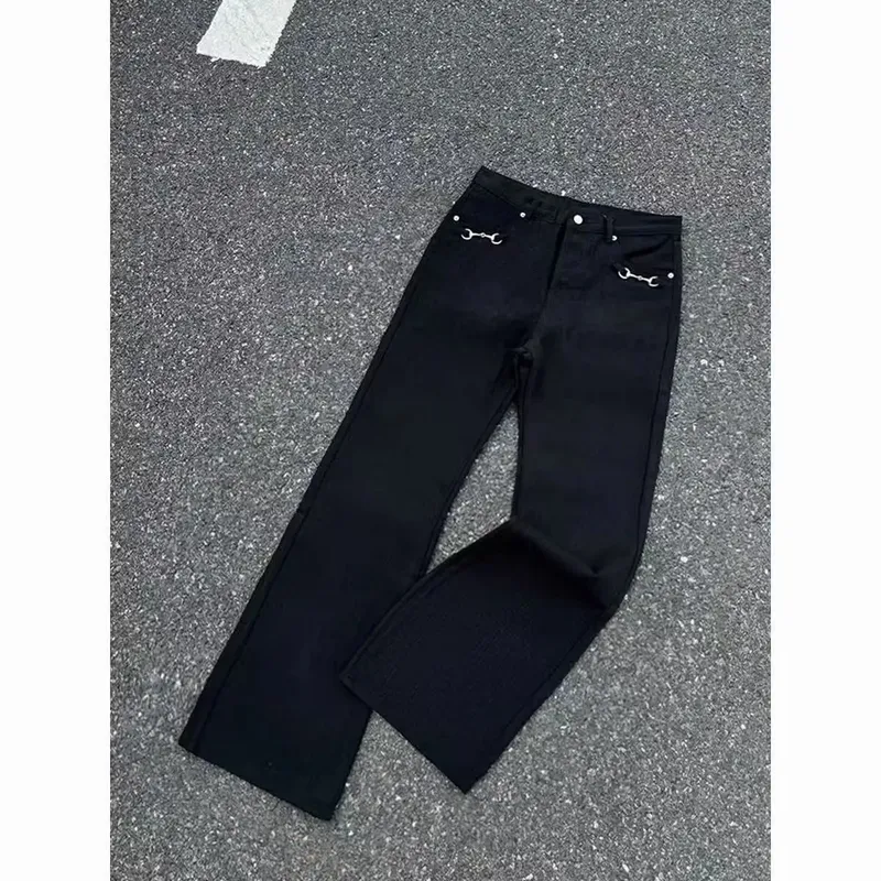 Reka bentuk butang retro gaya Amerika seluar jeans basuh musim bunga dan musim luruh pinggang tinggi longgar seluar jeans kaki lebar jalan tinggi untuk lelaki dan wanita — image 5