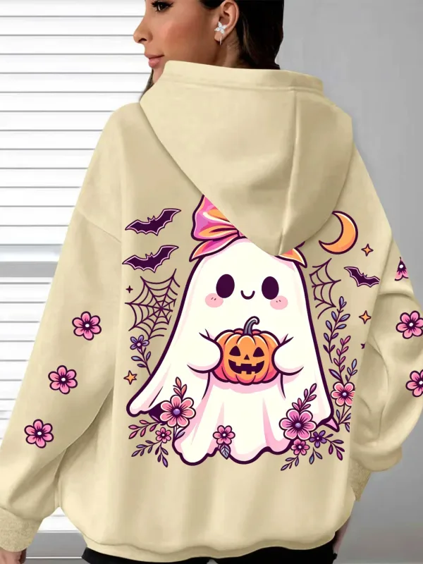 Women's Hooded Cute Ghost Hugging Pumpkin Halloween Theme Printed Hoodie Casual Long Sleeve Pocket Halloween Hoodies