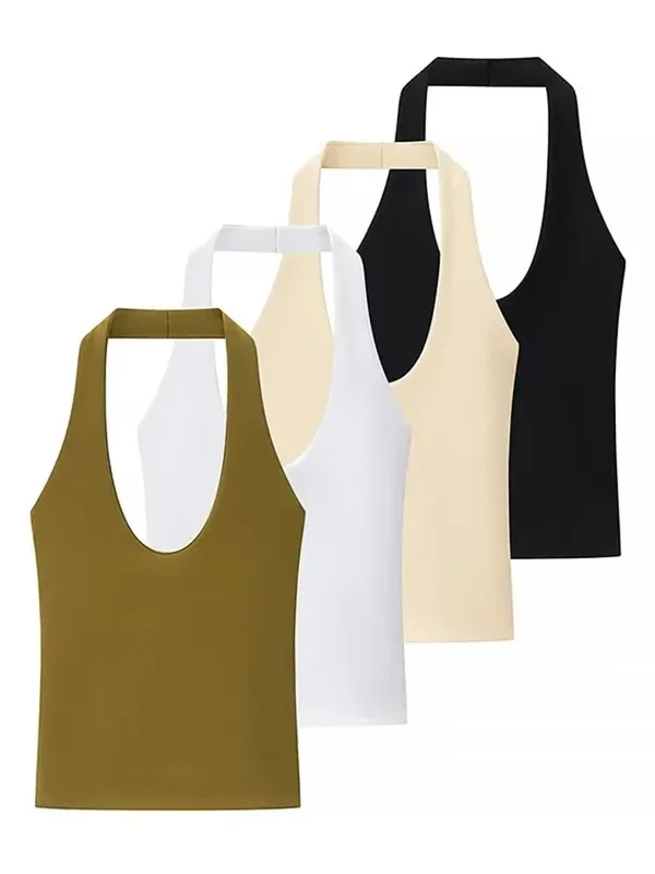 2025 Letnie nowe damskie serie w jednolitym kolorze Halter Collar Slim Backless Basic Top na wszystkie mecze — image 2