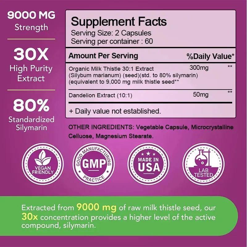 Organic Milk Thistle 9000mg - 30X Concentrated Extract with 80% Silymarin for Liver Cleanse Detox & Fatty Liver Support — image 3