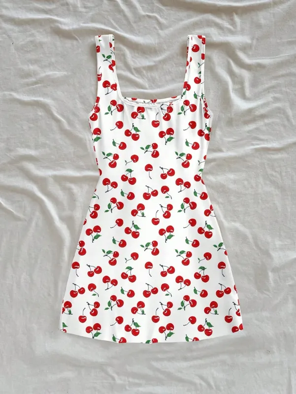 Mini abito da donna sexy stile vacanza con scollo a U, stampa ciliegia, aperto sul retro, con spacco laterale per la primavera/estate — image 2