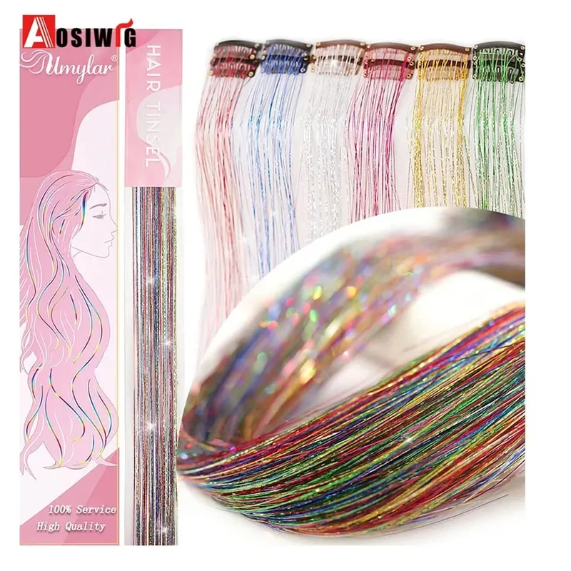 12 pièces/paquet Extensions de cheveux blonds scintillants pince en arc-en-ciel brillant étincelant guirlandes de cheveux résistant à la chaleur étincelle Extensions de cheveux pour W — image 6