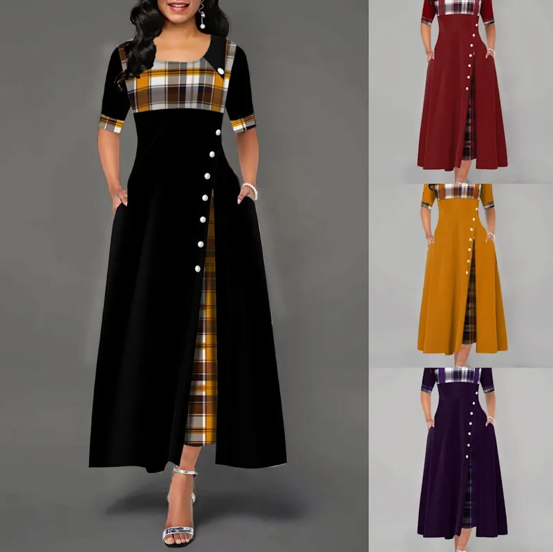 ผู้หญิงไม่สม่ำเสมอ Lattice Patchwork ชุดเดรสยาวปุ่มวินเทจ O คอครึ่งแขน Casual Lady เดินทางชุดแฟชั่น — image 7