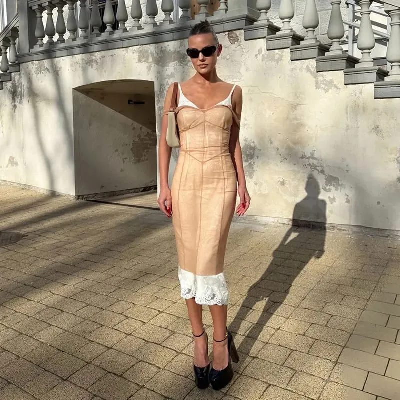 Lace Patchwork Sling Dress And Mesh Midi Cover-up See Through Sleeveless Spaghetti Strap Dresses Women 2026 Summer Sexy Chic Fit