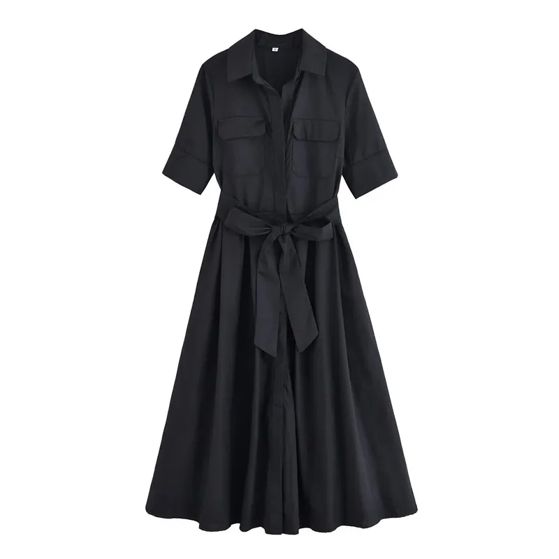 HH femmes été revers manches courtes poche simple boutonnage ceinture décorer robe Midi femme mode chemise Style robe plissée — image 8