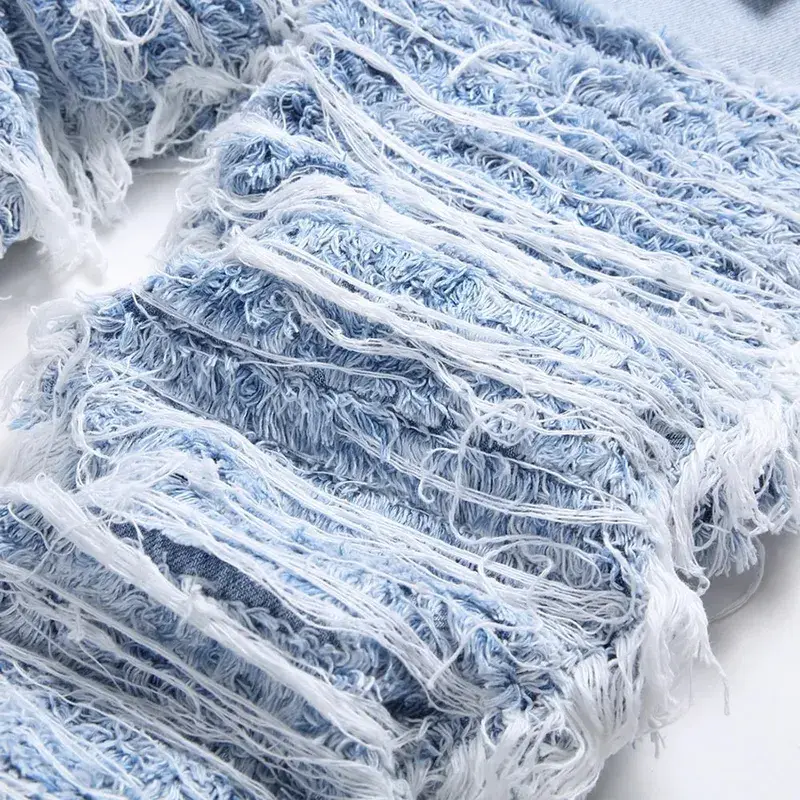 Men's Light Blue Fringe Denim Jeans Ripped Distressed Destroyed Streetwear Pants with Patches Patchwork Loose Fit Trousers — image 3
